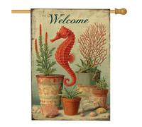 Bandiera da giardino con cavallucci marini di benvenuto, decorazione per esterni a tema oceano rosso corallo, striscione vintage su entrambi i lati per decorazione estiva, perfetta per feste in