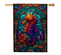 Bandiera da giardino con cavallucci marini vivaci, decorazione per la casa e per esterni, bandiera da giardino in vetro colorato su entrambi i lati, decorazione stagionale per prato, 71 x 101 cm