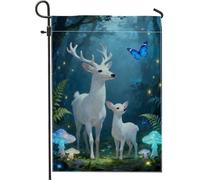 Bandiera da giardino con cervi, fantasiosa farfalla funghi primaverili blu su entrambi i lati, bandiere decorative per cortile, per esterni, prato, portico, patio, ingresso, 30,5 x 45,7 cm