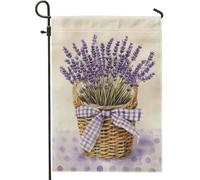 Bandiera da giardino con cesto di lavanda, decorazione floreale viola per esterni per primavera estate, bandiera da cortile in iuta su entrambi i lati, graziosa decorazione per prato per casa e