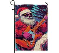 Bandiera da giardino con chitarra di Babbo Natale, decorazione colorata per esterni, bandiera da cortile in iuta su entrambi i lati per divertimento invernale, decorazione natalizia per patio, prato