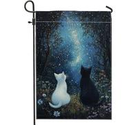 Bandiera da giardino con cielo notturno con gatti, decorazione per esterni con gatto bianco, bandiere stagionali per il cortile della casa, opera d'arte su entrambi i lati per la decorazione del prato