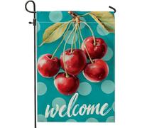 Bandiera da giardino con ciliegie di benvenuto, con bacche rosse su pois color foglia di tè, bandiera decorativa su entrambi i lati, per l'estate e la decorazione della casa, 30,5 x 45,7 cm
