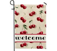 Bandiera da giardino con ciliegie di benvenuto, decorazione per esterni con frutta rossa, striscione estivo in iuta, decorazione per prato su entrambi i lati, per feste di festa, 30,5 x 45,7 cm