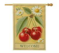Bandiera da giardino con ciliegie di benvenuto, striscione decorativo per la casa con crisantemo di frutta rossa, decorazione per esterni in iuta su entrambi i lati, per la stagione estiva, 71 x 101