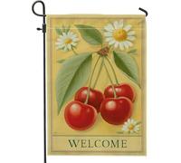 Bandiera da giardino con ciliegie di benvenuto, striscione decorativo per la casa con crisantemo di frutta rossa, decorazione per esterni in iuta su entrambi i lati, per la stagione estiva, 30,5 x
