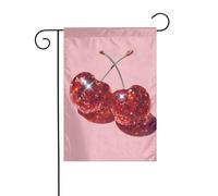 Bandiera da giardino con ciliegie rosse con palla da discoteca, stile preppy, 30 x 45 cm, verticale, double face, per fattoria, vacanze, decorazioni esterne