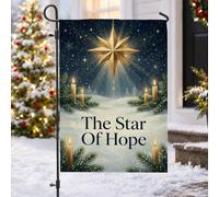 Bandiera da giardino con citazione religiosa della stella della speranza | Immagini di stelle di Betlemme, bandiera del cortile, candele luminose, rami di pino, scena invernale serena