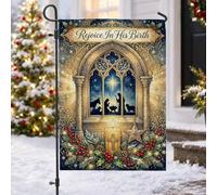 Bandiera da giardino con citazione religiosa religiosa, 30,5 x 45,7 cm | Arco architettonico gotico, bandiera del cortile, accenti di bacche di agrifoglio, stella di Betlemme, citazione religiosa