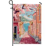 Bandiera da giardino con città costiera primaverile ed estiva, bandiera decorativa per esterni, con fiori di ciliegio e farfalle, in tessuto su entrambi i lati, vivaci accenti tropicali per la casa