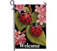 Bandiera da giardino con coccinella di benvenuto, bandiera rossa con insetti e fiori, decorazione per la casa, in iuta su entrambi i lati, decorazione per prato esterno per primavera estate 30,5 x