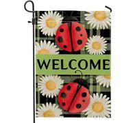 Bandiera da giardino con coccinelle primaverili ed estive, bandiera rossa con insetti floreali per la casa, bandiera da cortile in iuta su entrambi i lati, decorazione per prato all'aperto, 30,5 x