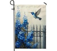 Bandiera da giardino con colibrì blu, fiori blu vibranti, decorazione per la casa e il giardino, bandiera in poliestere su entrambi i lati, per la decorazione estiva del prato all'aperto, 30,5 x 45,7