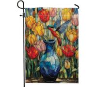 Bandiera da giardino con colibrì e tulipani, decorazione floreale colorata per esterni, striscione decorativo su entrambi i lati per feste in casa e prato 30,5 x 45,7 cm