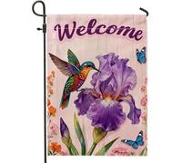 Bandiera da giardino con colibrì, primaverile colorata iris farfalla viola primavera viola doppia bandiera decorativa per esterni per patio, prato, portico, ingresso campeggio, 30,5 x 45,7 cm