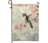 Bandiera da giardino con colibrì primaverile ed estate, fiori di ciliegio di pesca, decorazione floreale per esterni, bandiera da giardino in tessuto su entrambi i lati, per la decorazione del prato