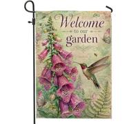 Bandiera da giardino con colibrì, vintage botanico Foxglove, farfalla viola primaverile, bandiere decorative su entrambi i lati, per esterni, prato, portico, patio, ingresso, 30,5 x 45,7 cm