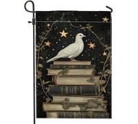 Bandiera da giardino con colomba bianca su libri impilati, striscione decorativo per la casa con cielo notturno e stelle, bandiera decorativa per cortile, in poliestere, 30,5 x 45,7 cm