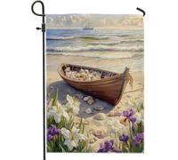 Bandiera da giardino con conchiglie da spiaggia, elementi nautici beige e onde, decorazione da cortile, bandiera artistica su entrambi i lati per decorazione estiva per la casa, decorazione per prato