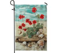 Bandiera da giardino con conchiglie di geranio rosso, bandiera da giardino floreale costiera, decorazione esterna su entrambi i lati per casa e giardino, perfetta per decorazioni a tema spiaggia, 30,5
