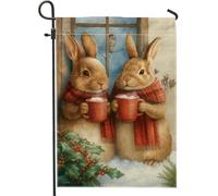 Bandiera da giardino con conigli, comode tazze invernali rosse invernali su entrambi i lati, bandiere decorative per esterni, patio, prato, portico, ingresso campeggio, 30,5 x 45,7 cm