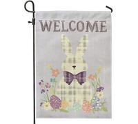 Bandiera da giardino con coniglietto di benvenuto, bandiera viola a scacchi primaverili pasquali, decorazione per la casa su entrambi i lati, per giardino esterno, papillon floreale, cartello da