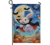 Bandiera da giardino con coniglietto di Halloween, coniglio con mantello e pipistrelli, striscione decorativo per la casa, bandiera da giardino in iuta su entrambi i lati, decorazione per esterni