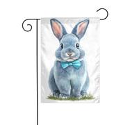 Bandiera da giardino con coniglietto felice che indossa un papillon blu, 30 x 45 cm, verticale su entrambi i lati, decorazione per casa colonica, vacanze, esterni, bandiera da