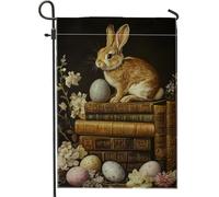 Bandiera da giardino con coniglietto pasquale, decorazione con coniglio marrone con uova colorate per la stagione primaverile, bandiera floreale su entrambi i lati, per feste, decorazione per prato