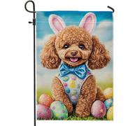 Bandiera da giardino con coniglietto pasquale, grazioso barboncino marrone con orecchie da coniglio, decorazione per esterni, bandiera primaverile stagionale a tema animale per decorazione del prato