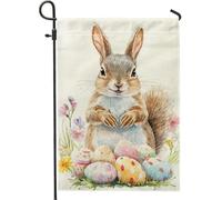 Bandiera da giardino con coniglietto pasquale, grazioso coniglio grigio con uova colorate, decorazione primaverile su entrambi i lati, in iuta, decorazione per esterni, 30,5 x 45,7 cm