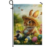 Bandiera da giardino con coniglietto pasquale, grazioso coniglio marrone con uova, decorazioni primaverili per esterni, bandiera da cortile su entrambi i lati per decorazione del prato delle vacanze
