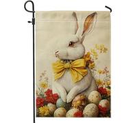 Bandiera da giardino con coniglietto pasquale primaverile, coniglio con fiocco giallo e decorazione floreale per prato esterno, bandiera da cortile in iuta su entrambi i lati per decorazioni natalizie