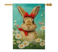 Bandiera da giardino con coniglietto pasquale primaverile, coniglio marrone con fiocco rosso, striscione decorativo floreale per la casa, bandiera da giardino in iuta su entrambi i lati, decorazione