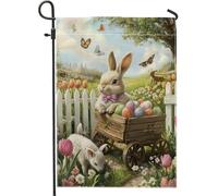 Bandiera da giardino con coniglietto pasquale, uova colorate e simpatici animali, decorazione primaverile, bandiera da cortile in iuta su entrambi i lati, per decorazione esterna del prato, 30,5 x