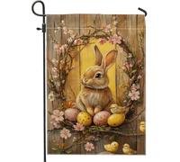 Bandiera da giardino con coniglietto pasquale, uova di coniglio marrone vibrante, decorazione primaverile da cortile, decorazione per esterni in iuta su entrambi i lati, grazioso ornamento floreale