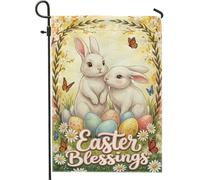 Bandiera da giardino con coniglietto, primavera fantasiosa uovo farfalla Pasqua giallo pastello iuta doppia faccia piccola bandiera da giardino per patio esterno prato portico ingresso campeggio 30,5