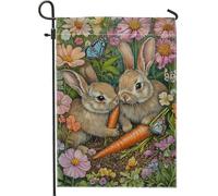 Bandiera da giardino con coniglietto primaverile ed estivo, carino coniglio marrone carota decorazione per la casa da giardino, bandiera floreale su entrambi i lati, bandiera da giardino decorazione