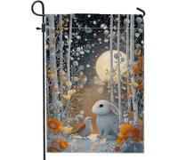 Bandiera da giardino con coniglio, bandiera invernale fantasiosa con uccelli e luna, in iuta grigia su entrambi i lati, bandiere decorative per esterni, patio, prato, portico anteriore, balcone, 30,5