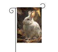 Bandiera da giardino con coniglio bianco nella foresta, 30 x 45 cm, verticale, double face, decorazione per casa colonica