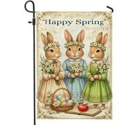 Bandiera da giardino con coniglio, cesto di fiori fantasiosi primaverili in iuta pastello su entrambi i lati, bandiere decorative per esterni, patio, prato, portico anteriore, balcone, 30,5 x 45,7 cm