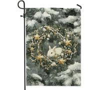 Bandiera da giardino con coniglio, ghirlanda natalizia con stelle verdi su entrambi i lati, decorativa per esterni, prato, portico, patio, ingresso, 30,5 x 45,7 cm