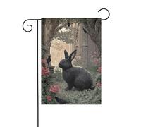 Bandiera da giardino con coniglio nero nel giardino delle rose, 30 x 45 cm, verticale, double face, decorazione per casa colonica