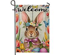 Bandiera da giardino con coniglio, primaverile festivo, tulipani con farfalla, pasquale, in iuta pastello, su entrambi i lati, bandiere decorative per esterni, patio, prato, portico, ingresso