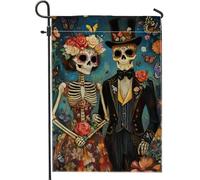 Bandiera da giardino con coppia di scheletri del giorno dei morti, design floreale colorato per esterni, bandiera da cortile su entrambi i lati, per Halloween e decorazione autunnale, 30 x 45 cm