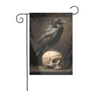 Bandiera da giardino con corvo appollaiato su un vecchio teschio, 30 x 45 cm, verticale, double face, decorazione per case in campagna, decorazione esterna