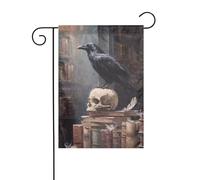 Bandiera da giardino con corvo appollaiato su un vecchio teschio, 30 x 45 cm, verticale, double face, decorazione per case in campagna, decorazione esterna
