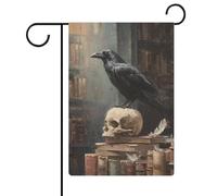 Bandiera da giardino con corvo appollaiato su un vecchio teschio, in iuta su entrambi i lati, 30,5 x 45,7 cm