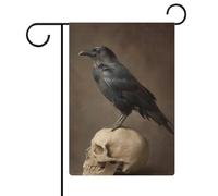 Bandiera da giardino con corvo appollaiato sulla parte superiore di un teschio, in iuta su entrambi i lati, 30,5 x 45,7 cm