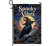 Bandiera da giardino con corvo, cappello da strega mistico fantasioso luna di Halloween in iuta nera su entrambi i lati, piccola bandiera da giardino per esterni, patio, prato, portico anteriore